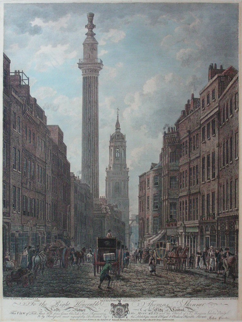 Print - View of Fish Street Hill, from Grace Church Street representing the Monument and the Church of St. Magnus London Bridge - Morris